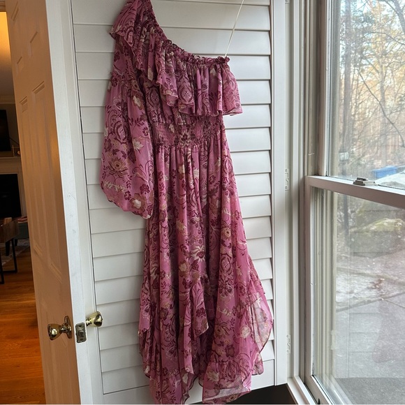 MISA Los Angeles Pink Floral Vola One Shoulder Ruffle Midi Dress - Size S - Picture 6 of 8